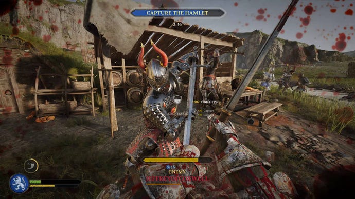 A big red knight charges into the player in Chivalry 2