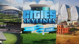 A Cities: Skylines graphic split three ways, showing off different buildings for the next batch of World Tour content packs.