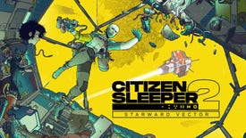 The key art for Citizen Sleeper 2, showing a sleeper repairing a space ship against a yellow background