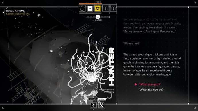 Citizen Sleeper screenshot of Hunter, a digital dog with tentacles for a head.