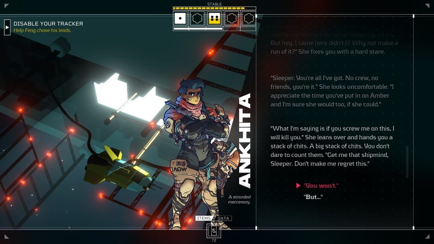 A mercenary speaks to the player in Citizen Sleeper