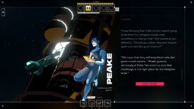 A dialogue screen with Peake, with their art on the left and text on the right overlayed over part of the Eye.