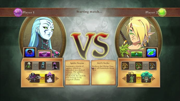 Una pantalla de carga de batalla en Clash of Heroes con dos campeones y sus ataques especiales enumerados.