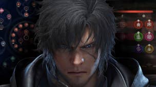 Final Fantasy 16's Clive Rosfield looks angry between two background images of FF16's systems