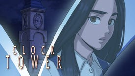 Jennifer looks worried in next to a logo for Clock Tower, which sits in front of the actual clock tower.