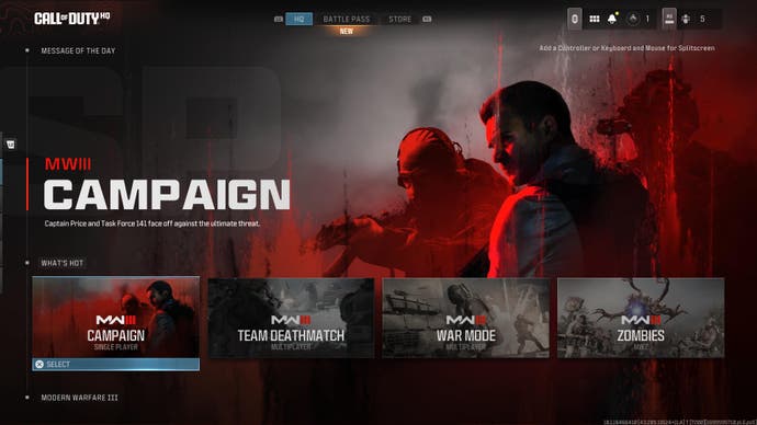 The Modern Warfare 3 campaign dashboard