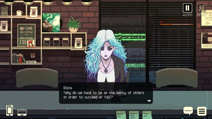 A blue-haired banshee talks to the player in a cafe in Coffee Talk Episode 2: Hibiscus &amp;amp; Butterfly