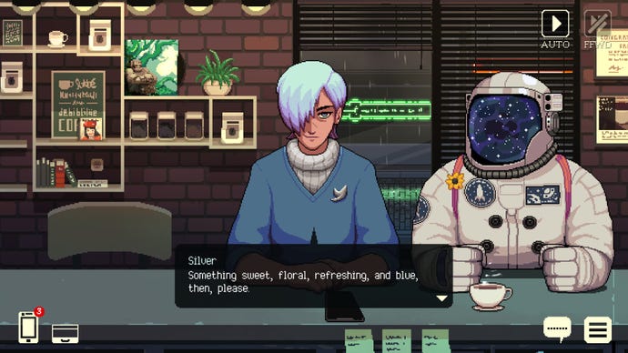 An astronaut chats to a silver-haired man in Coffee Talk Episode 2: Hibiscus & Butterfly