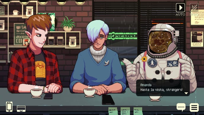 An elf, human and astronaut chat in a cafe in Coffee Talk Episode 2: Hibiscus &amp;amp; Butterfly