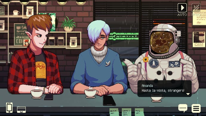 An elf, human and astronaut chat in a cafe in Coffee Talk Episode 2: Hibiscus & Butterfly