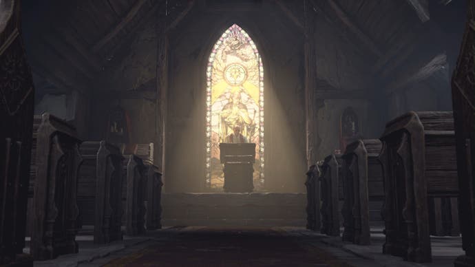 A cinematic screenshot from Diablo 4, taken inside a church, with a preacher at the pulpit. Things are not going to turn out well.