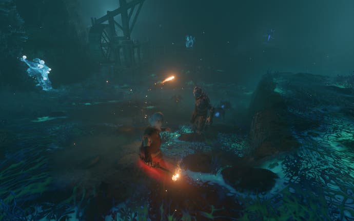 Enshrouded screenshot showing The player-character battles a mushroom-ridden enemy, firing bright sparks from her wand. They are in a dimly-lit cave with glowing mushrooms in the background.
