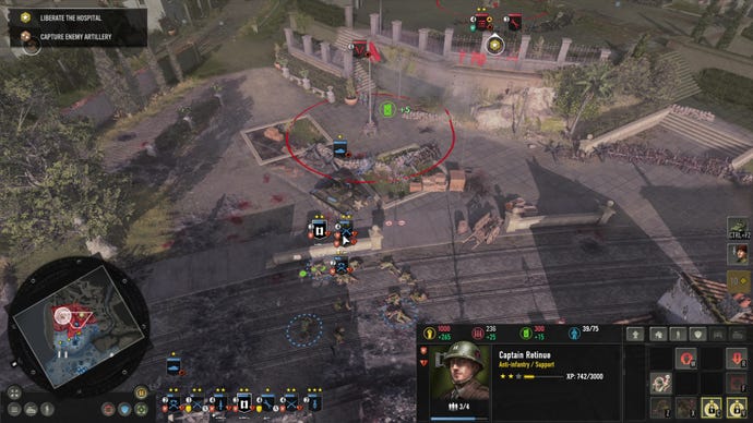 A group of soldiers are pinned down in a town square in Company Of Heroes 3