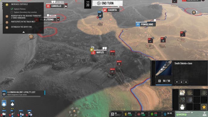 CoH 3 review - a view of the campaign map showing areas with and without line of sight over Italian terrain