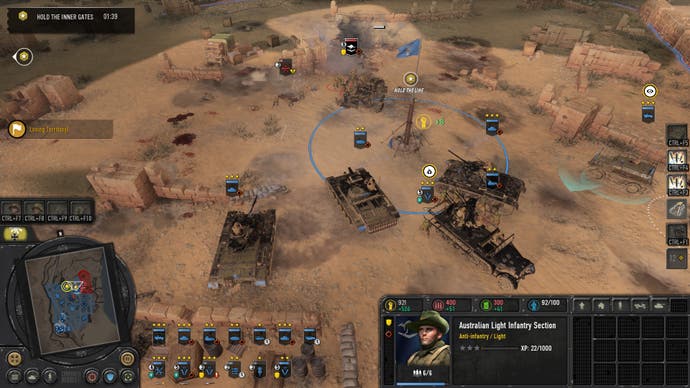 CoH 3 review - four tanks gather on a resource point defending against enemy British and Australian infantry, with a timer in the corner counting down the objective to defend