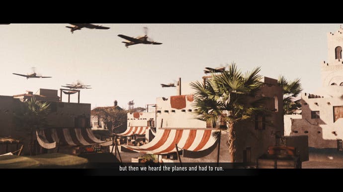 CoH 3 review - a cutscene from a local's perspective showing planes over a North African village, with voicover saying 'but then we heard the planes and had to run.'