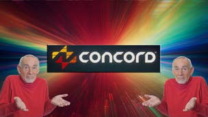 An image of space travel (starburst colour, stars blurred in a motion line) with the Concord logo in the middle - and two men shrugging their shoulders either side.