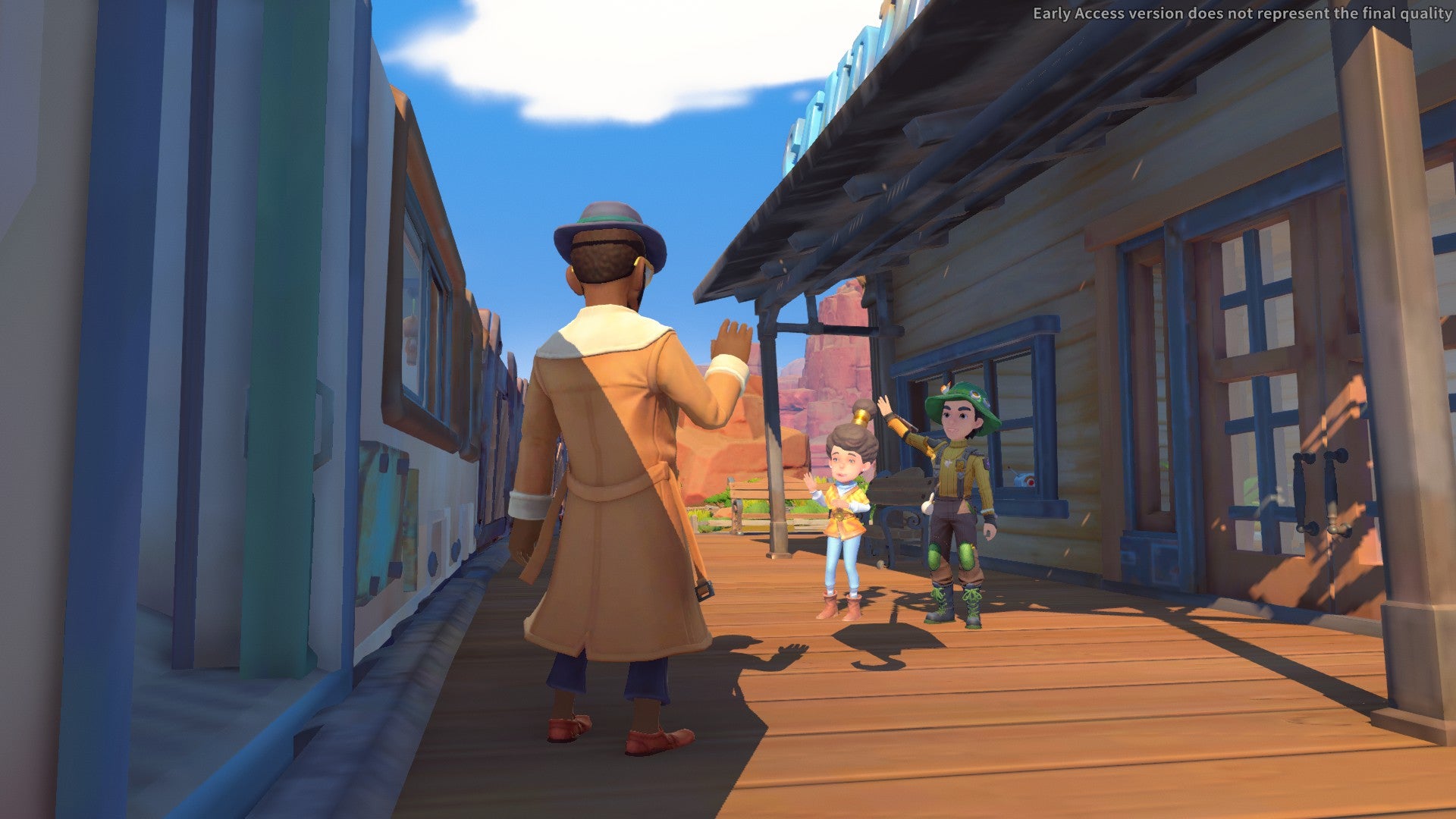 Musa from My Time At Portia waves as he gets off his train