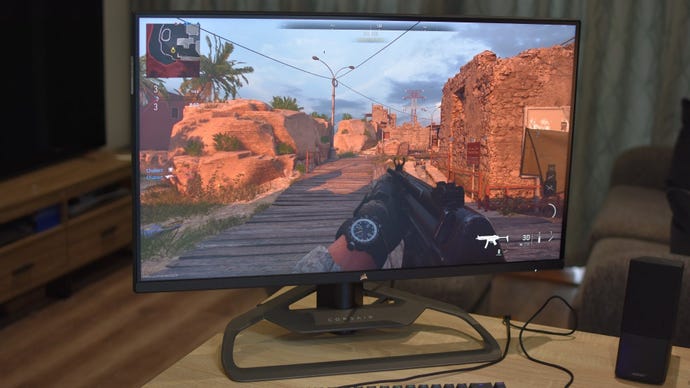 A Corsair Xeneon 32UHD144 gaming monitor running Modern Warfare 2.