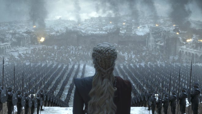 Promotional still of Danerys looking out on her soldiers