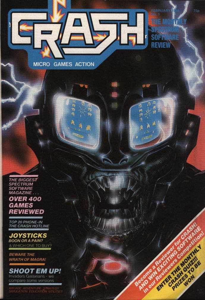 The first issue of Crash magazine, featuring a ghoulish robot monster whose eyes reflect a screen playing Space Invaders.