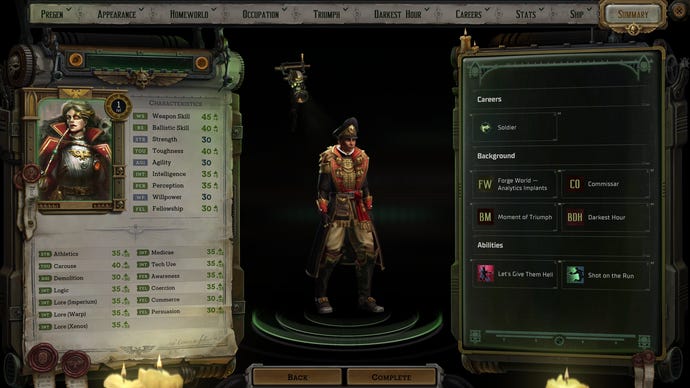 L'écran de création de personnage dans Warhammer 40,000 : Rogue Trader.