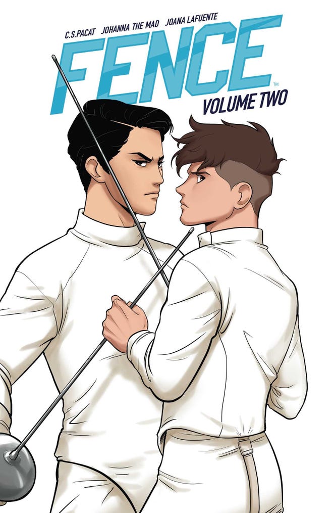 White comic book cover featuring two boys holding fencing sabers to each other's throats