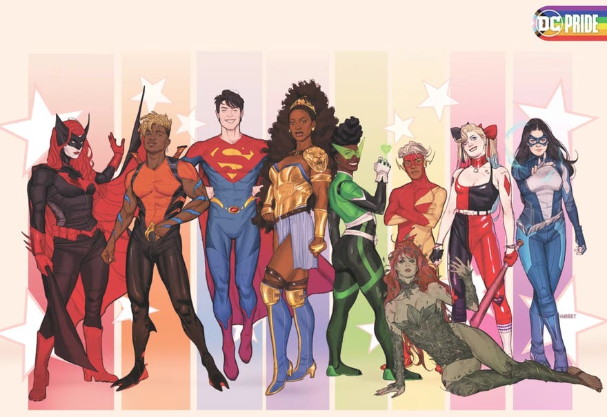 Press image featuring illustrations of a cast of queer DC characters including Batwoman, Superman, Harley Quinn