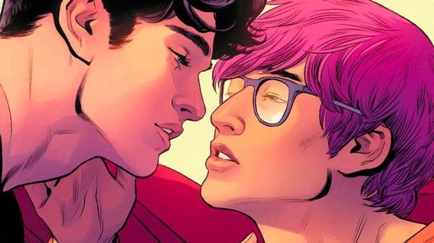 Cropped comic panel featuring Superman kissing his boyfriend