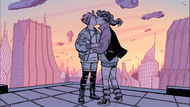 Illustrated image featuring two young people kissing on a roof at sunset