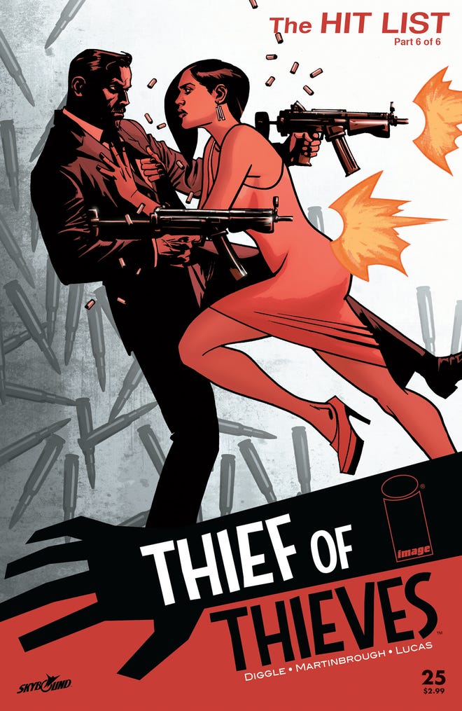 Illustrated cover of Thief of Thieves featuring a woman attacking a man with two guns