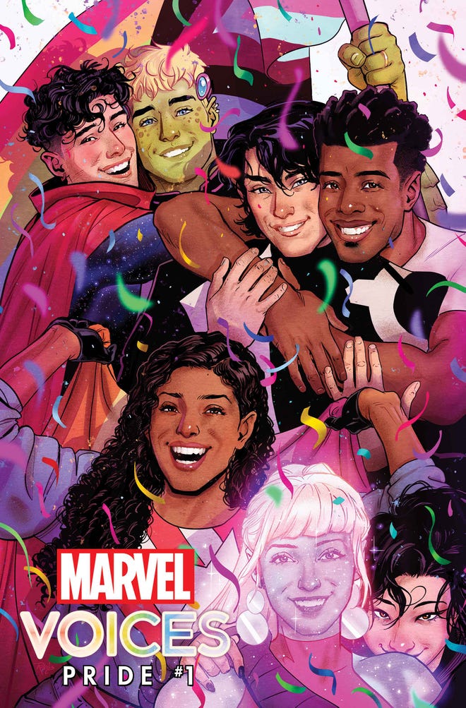 Comic cover for Marvel Voices pride featuring a group of queer Marvel superheroes celebrating as confetti falls on them
