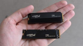 Both the standard and heatsink models of the Crucial T700 SSD resting in a hand.