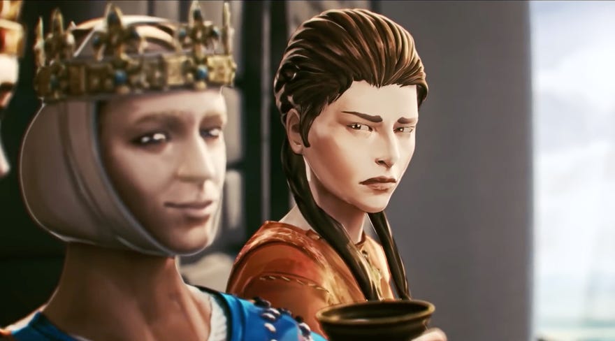 A noble lady side eyes another crowned figure in Crusader Kings 3: Tours And Tournaments.