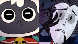Image split in two with a lamb from Cult Of The Lamb (left) and the guy from Don't Starve Together (right)