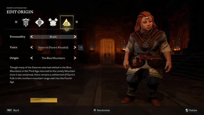 LOTR Return to Moria screenshot - A dwarf stands to the right, with customisation options and sliders on the left. This page shows the ability to pick your dwarf’s personality, voice and origin.