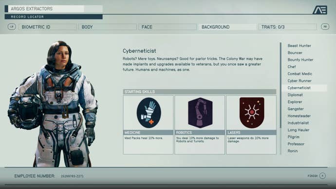A cybernetic character in Starfield stands next to a list of key skills and a brief description of their background.