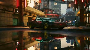 A very pretty, futuristic car in Cyberpunk 2077, rendered with ray-tracing enabled as it reflects in a puddle.
