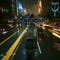 A nighttime driving scene in Cyberpunk 2077: Phantom Liberty, with DLSS 3.5 Ray Reconstruction switched off.