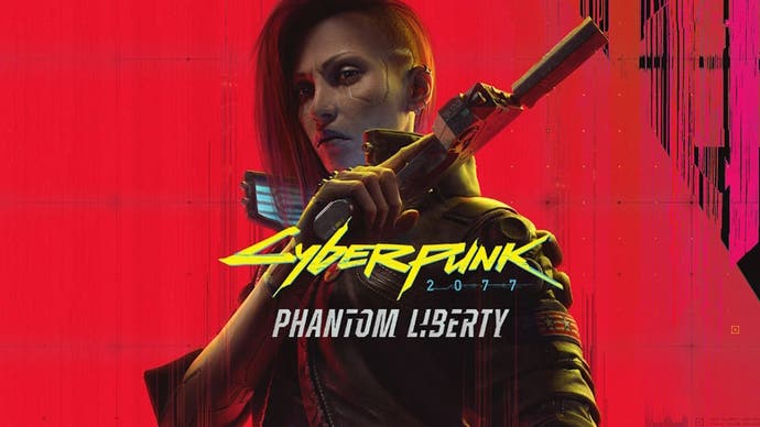 صورة عرض ترويجي لـ Phantom Liberty DLC مع أنثى V تحمل مسدسًا على خلفية حمراء