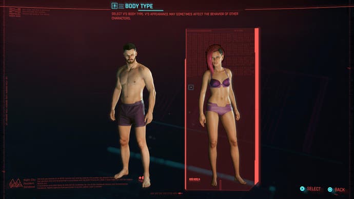 Cyberpunk 2077 character creator showing two body types