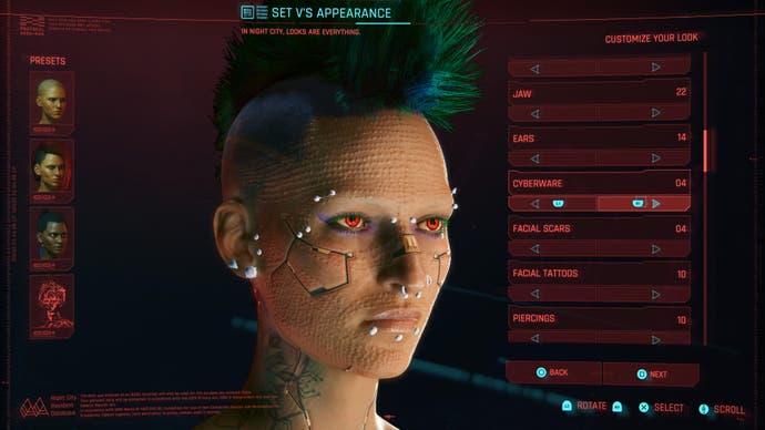 Cyberpunk 2077 character creator close up of female V with cyberware options