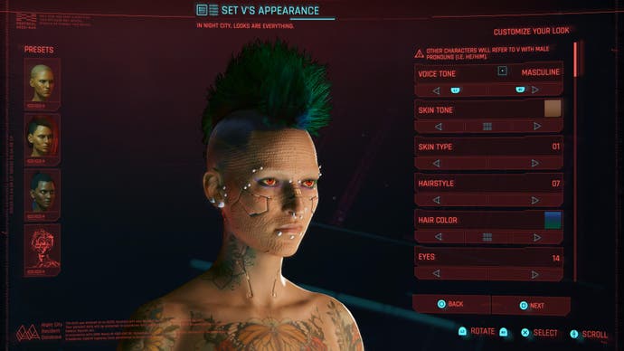 Cyberpunk 2077 character creator close up of female V showing voice options