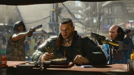 Jackie is held at gunpoint by two criminals in Cyberpunk 2077