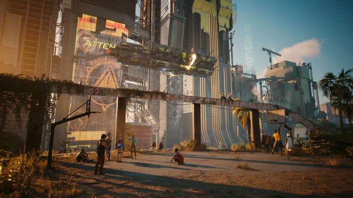 Capture d'écran de Cyberpunk 2077 Phantom Liberty montrant un quartier industriel dans la nouvelle zone de Dogtown