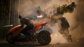 V fires a gun at a mech while on a motorcycle in Cyberpunk 2077: Phantom Liberty
