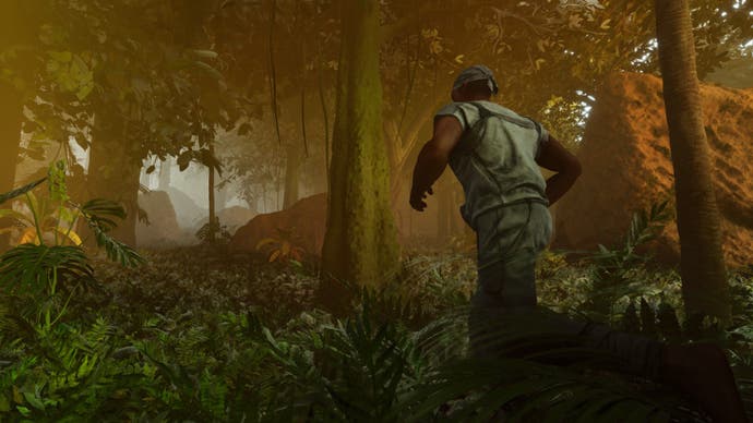 A screenshot from Ark: Survival Ascended showing the player running through a misty jungle, surrounded by dense foliage.