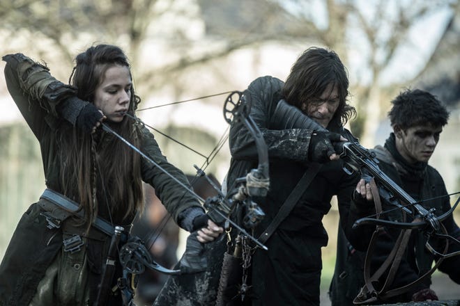 Kim Higelin as Lou, Norman Reedus as Daryl Dixon, Milo Maze as Herisson - The Walking Dead: Daryl Dixon _ Season 1