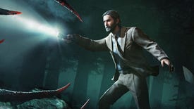 Alan Wake aiming a flash light at an offscreen horror in key art for a new Dead By Daylight character