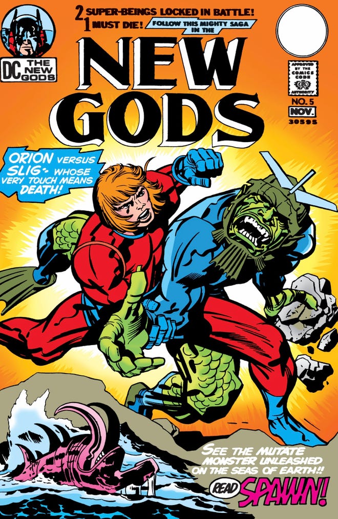 DC Comics Issue 5 cover featuring a fight between Orion and Slig